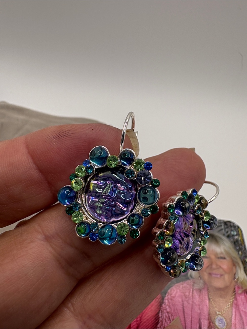 Kirks Folly Purple, Blue & Green Glass Cluster Drop Earrings